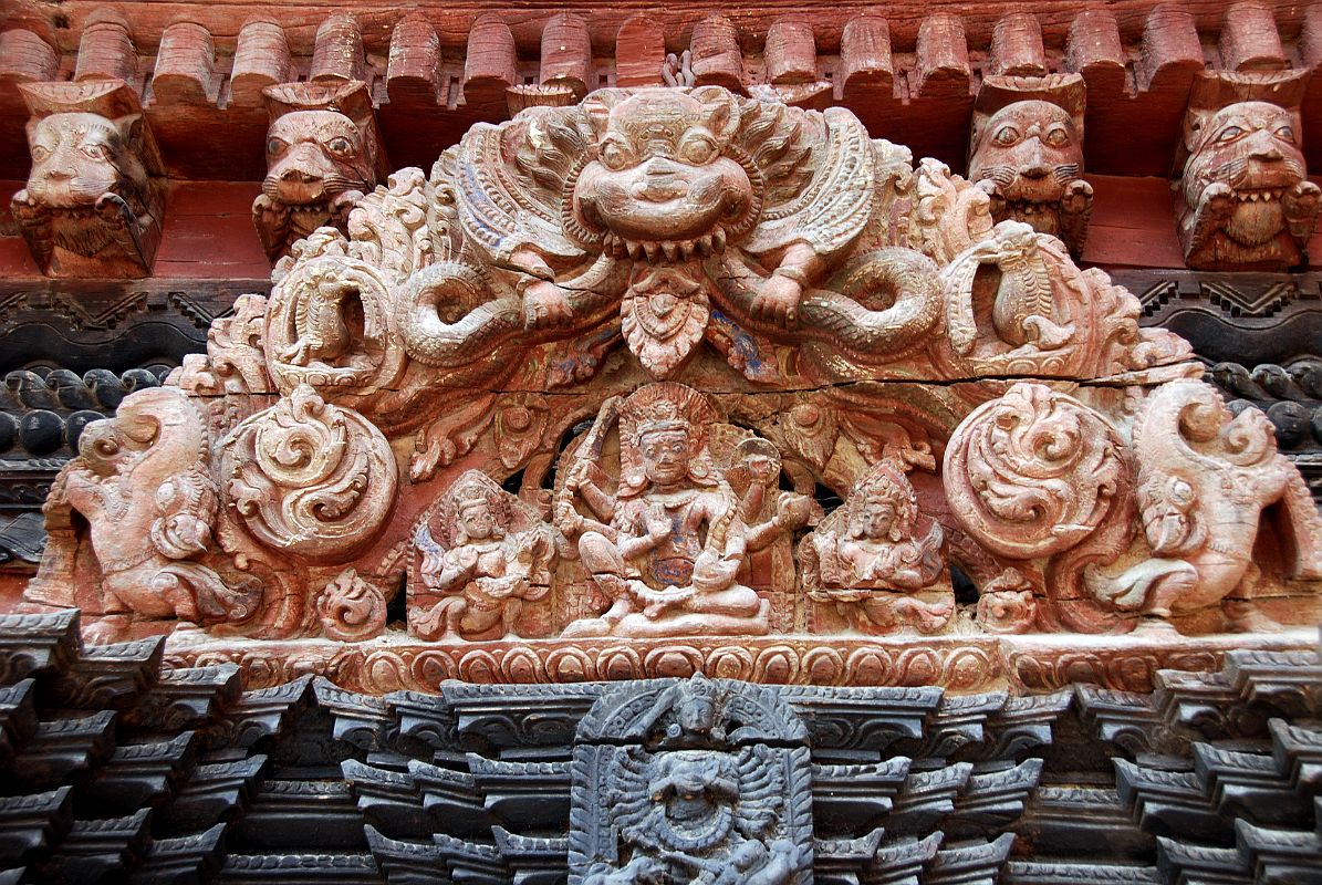 Kathmandu Patan Durbar Square Mul Chowk 20 Wooden Carved Torana Close Up With Kirtimukha Face Of Glory At Top 